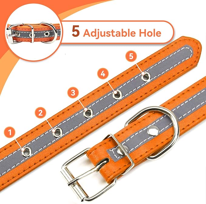 PETCARE Reflective Dog Collar with Cute Paw Rivet Studded Funny Soft PU Leather Adjustable Puppy Dog Collars for Small Medium Large Dogs Cats (Orange,X-Large)
