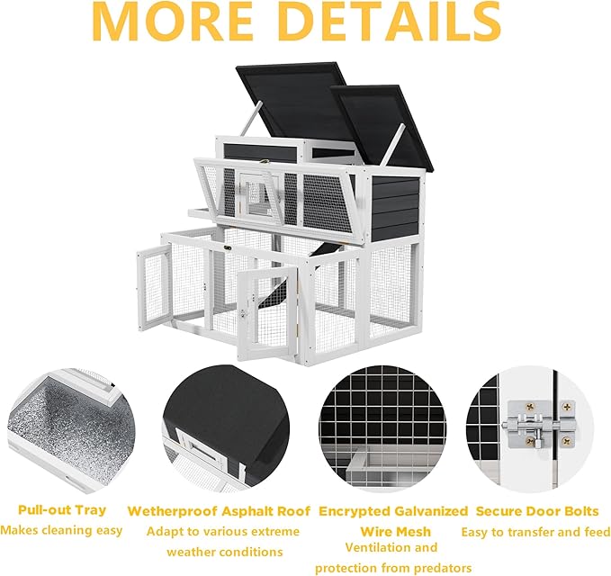 Outdoor Rabbit Hutch, Bunny Cage, Chicken Run Coop Wooden Quail Cage Duck Coop with Ventilating Wire Poultry House for Small Animals (Gray+Black)