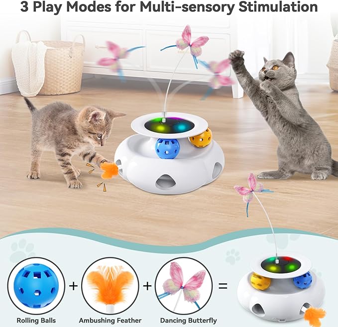 Cat Toys 3in1 Interactive Moving Ambush Feather, Spinning Butterfly, Track Balls, USB Rechargeable Automatic Activated Kitten Toys for Indoor Cats, Cat Feather Toy for All Breeds