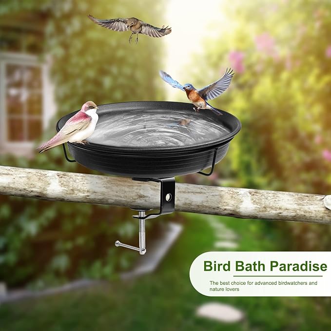 AUHOKY Bird Bath Deck Mounted Bowl 11 Inches, Balcony Railing Birdbaths Unheated, Bird Bath Fence Clamp Detachable (Black)