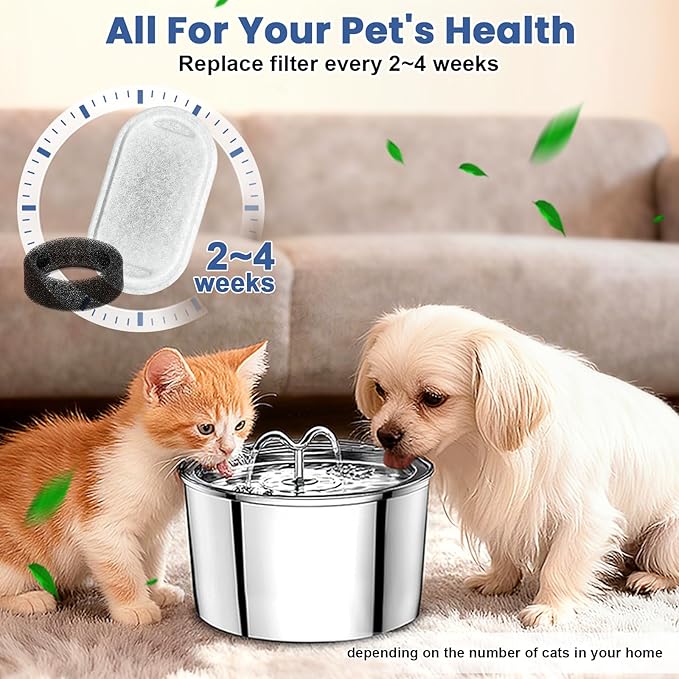 Cat Water Fountain Filter Replacement, 8 Pcs Pet Water Fountain Filters with 8 Pcs Sponges Foam for 67oz/2L & 108oz/3.2L Stainless Steel Automatic Cat Water Fountain Dispenser Filters