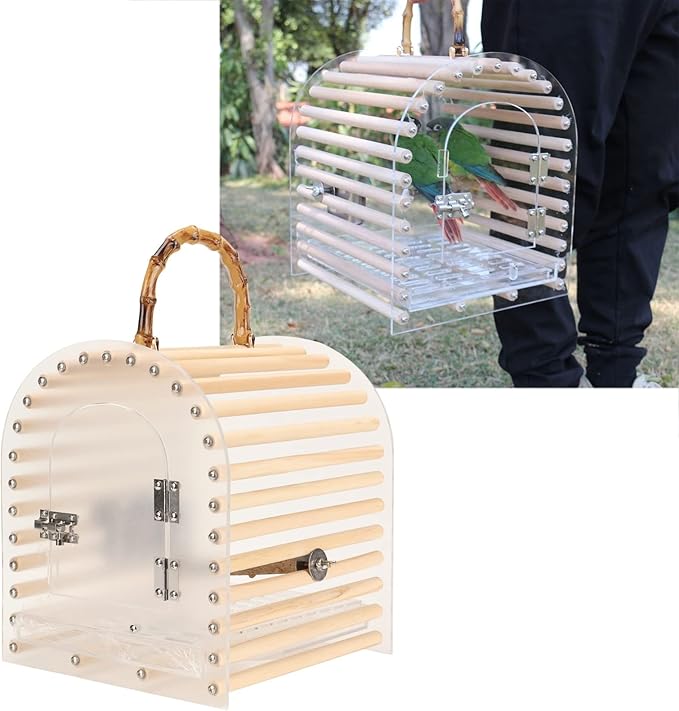 Zerodis Portable Bird Cage, Small Transparent Travel Bird Carrier with Delicate Carrying Handle Grip Wooden Acrylic Stainless Steel Material Birdcage with Lock