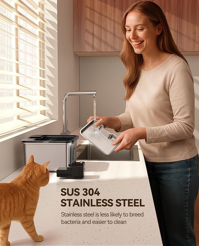 Cat Water Fountain Cordless: [Visual Filter] & [Heavy-Duty Stainless Steel] FEELNEEDY- Premium, Durable Design. 3.2L/108oz, 4000mAh Battery Operated Pet Fountain with Sensor, for Cats and Dogs