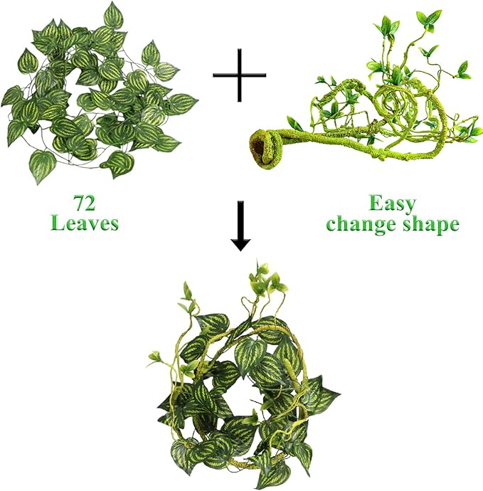 Grddaef Reptile Vines Plants for Terrarium, Flexible Vines Jungle Climbing Branch with Leaves Tank Decor for Snakes Bearded Dragons Geckos Hermit Crabs Lizards Chameleons