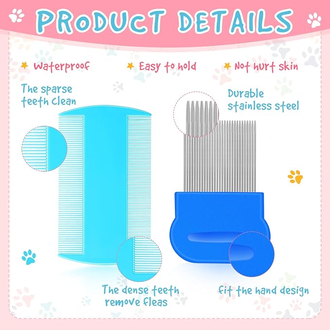 Maitys 8 Pieces Flea Lice Combs Double Sided Lice and Nit Removal Hair Grooming Plastic and Metal Comb for Humans Pets(3.5 x 2 Inch, 3.54 x 1.57 Inch,Pink, Blue)