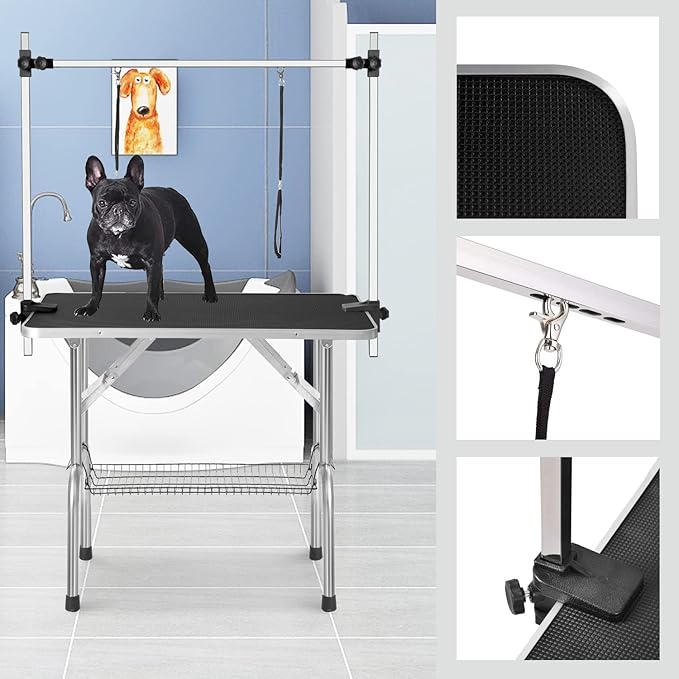 SoarFlash Pet Dog Grooming Table Foldable,Heavy Duty Foldable Pet Grooming Table with Arm & Noose & Mesh Tray, Maximum Capacity Up to 330lbs, 46inch, Black