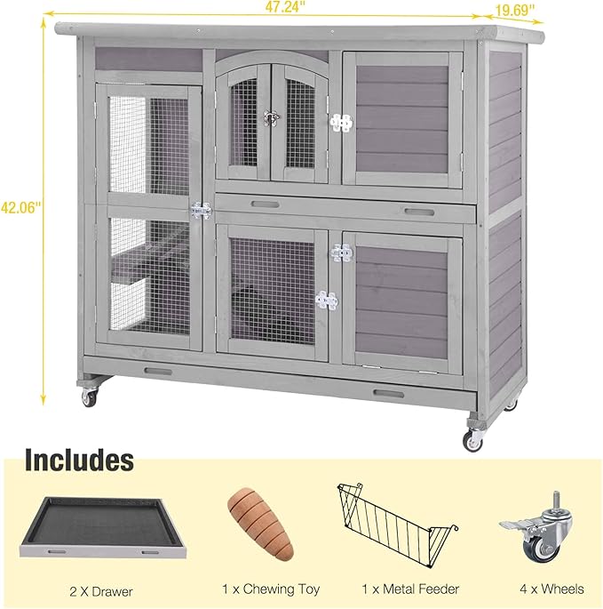 Aivituvin Bunny Cage Rabbit Hutch Indoor Rabbit House with Wheels Outdoor Guinea Pig House with Two Plastic Tray