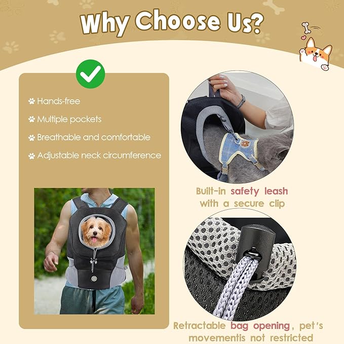 Adjustable Dog Backpack Carrier for Small Dogs, Breathable Front & Back Carry Pet Carrier with Safety Leash, Multi-Pocket Design for Hiking Travel Cycling (Large)