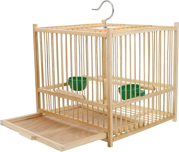 Kisangel 1set Bamboo Bird Cage Small Parrot Cage with Hanging Hook Tray for Retro Travel Budgie Lovebird Cockatiel Parrot,8.06 x 8.06 x 8.06 inches