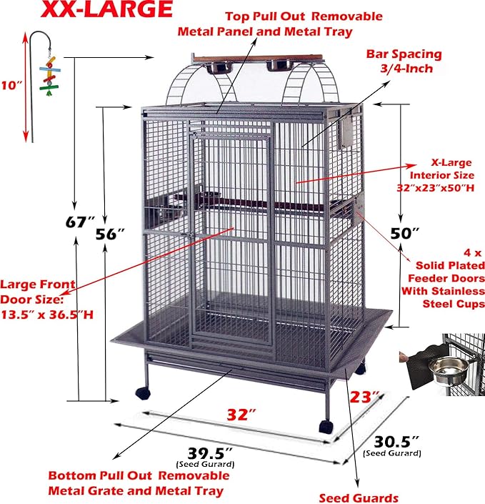 4 Size, X-Large 32" L x 23" W x 66" H Castle PlayTop Parrot Bird Cage On Wheels for Large Size Macaws Cockatoos African Grey Amazon