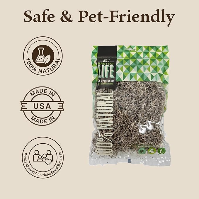 The Habitat Life - Natural Spanish Moss - for Reptiles, Amphibians & Invertebrates Terrariums - Humidity Control - Breathable Bedding - Dye-Free & Safe - Small - 1 Pack