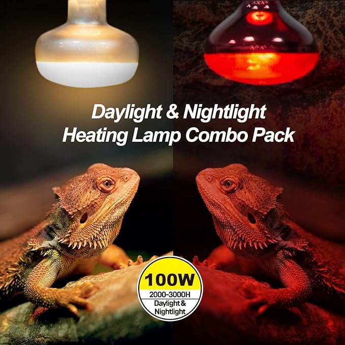 WACOOL 2Pack 100W Reptile Heat Lamp Day & Night Kit, Nature Simulated Basking Daylight & Nightlight Heat Lamp Bulbs for Reptiles & Amphibians, UVA Heat Lamp for Bearded Dragon Gecko Turtle Lizard