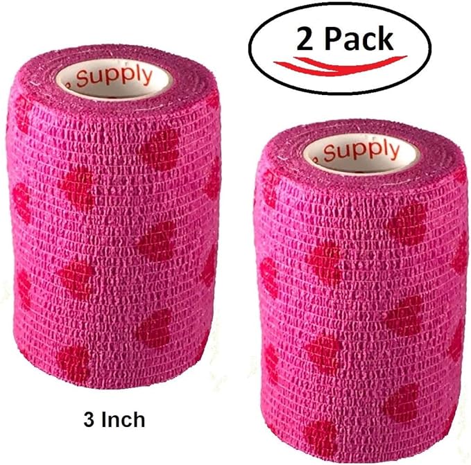 Vet Wrap Wrap Tape (Pink with Hearts) (2 Pack) (3 Inch x 15 feet) Self Adhesive Adherent Adhering Cohesive Flex Self Stick Bandage Grip Roll Dog Cat Pet Horse