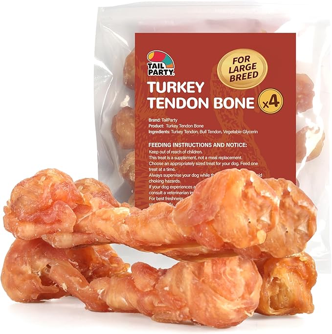 TailParty Turkey Tendons for Dogs, 5.08 oz, Large Dog Training Treats, Natural Long-Lasting Chew Snacks, High-Protein Beef Tendons, Healthy Hypoallergenic Turkey Bone(4 Units/Pack)