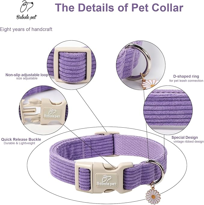 Cute Corduroy Dog Collar - Lavender Adjustable Dog Collars for Large Dogs 50-80lbs, Fade-Proof with Secure Snap & Little Charm, Christmas Birthday Gift, L