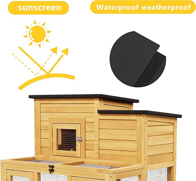 Outdoor Bunny Cage 2-Tier Rabbit Hutch & Chicken Coop with Wire Run, Wooden Poultry House with Pull-Out Tray, Waterproof Rabbit Hutch for Outside (Yellow)