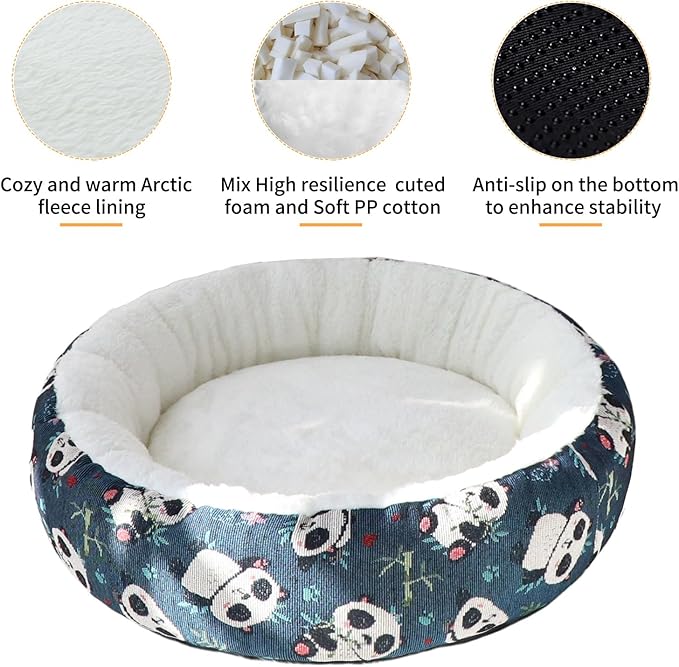 Circular Calming Dog & Cat Bed Anti-Anxiety Washable with Anti Slip Backing Donut Cuddler with Cute Jacquard Patterns for Cat and Small Puppy (Small-23in, Panda)