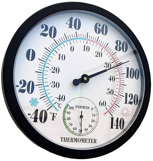 Indoor Outdoor Thermometer Large Wall Thermometer-Hygrometer Waterproof Does not Require Battery (Black)