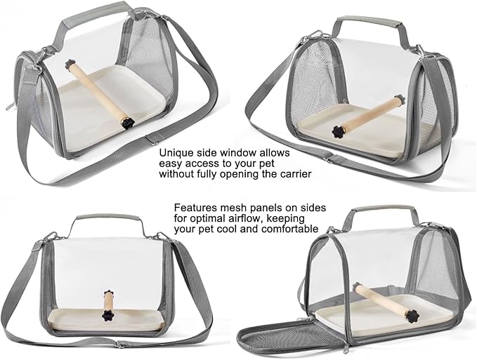 Portable Small Pet Carrier Bag – Travel Bird Cage for Parrots, Parakeets, Cockatiels, Hamsters, Lizard and Vet Visit with Shoulder Straps & Side Access (Includes Tray and Stand, Gray, 13 * 9 * 8.3in)