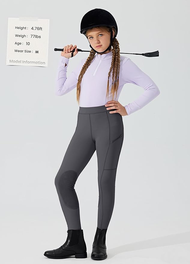 Willit Girls Horse Riding Pants Tights Kids Equestrian Breeches Knee-Patch Youth Schooling Tights Zipper Pockets
