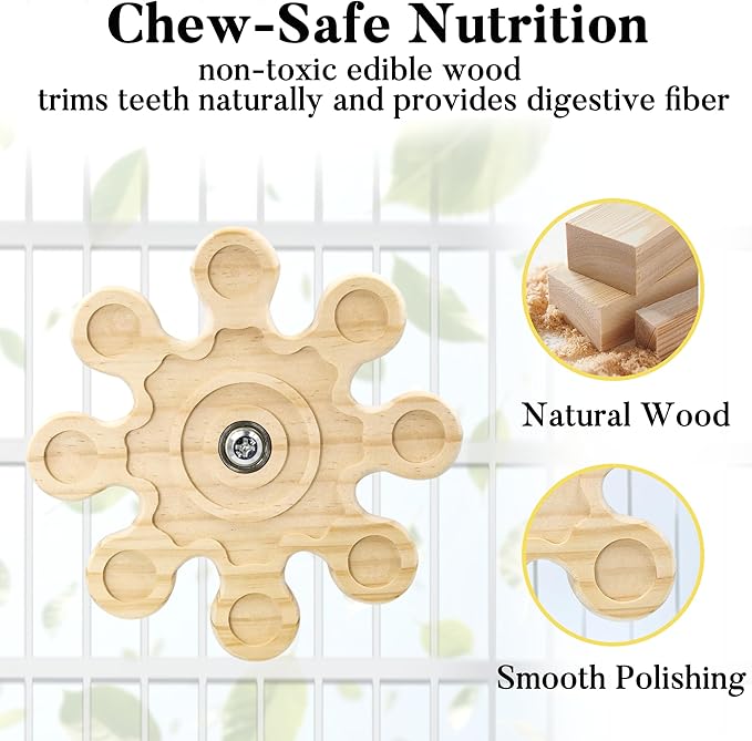 Rotating Natural Wood Chinchilla Chew Toys for Teeth, Interactive Enrichment Toys, Hanging Exercise Chinchilla Toys for Cage for Playtime, Spinner Cage Accessories Wheel