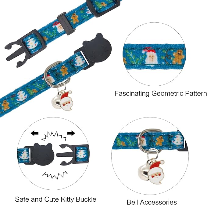 Christmas Cat Collar, Cotton 2 Pack Cat Collar with Bells, Breakaway Collars for Girl Boy Kittens, Santa