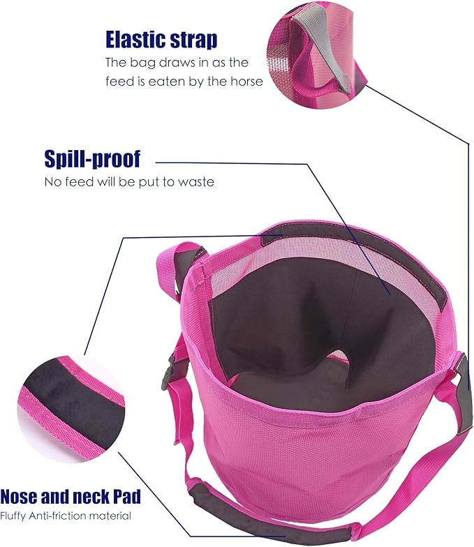 Horse Feed Bag for Grain - Heavy Duty Mesh Horse Feeder with Adjustable Strap,Comfort Neck Pad,Nose Pad Horse Muzzle Feed Bag(Medium,Pink)