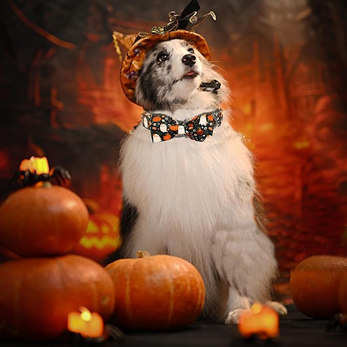 Halloween Dog Collar, Ghost Print Adjustable Pet Collar Fall Pumpkin Cute Cotton Soft Collars with Bow Tie Fall Metal Buckle Holiday Puppy Collars Boy&Girl Gift for Small Dogs