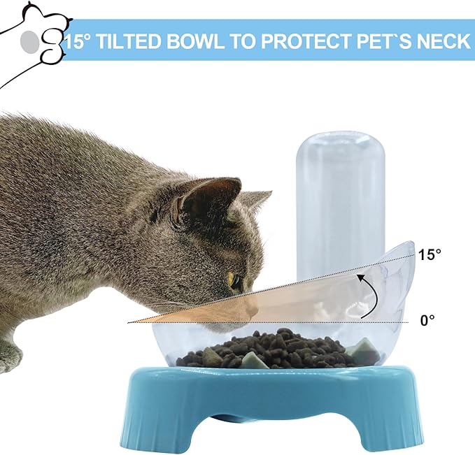 Triple Cat Bowls with Water Dispenser, Pet Whisker Friendly Water and Food Bowl Set with Non-Slip Mat, 15° Tilted Double Feeding Bowls, Elevated Wet and Dry Food Dish for Kitten&Small Dog (Blue)