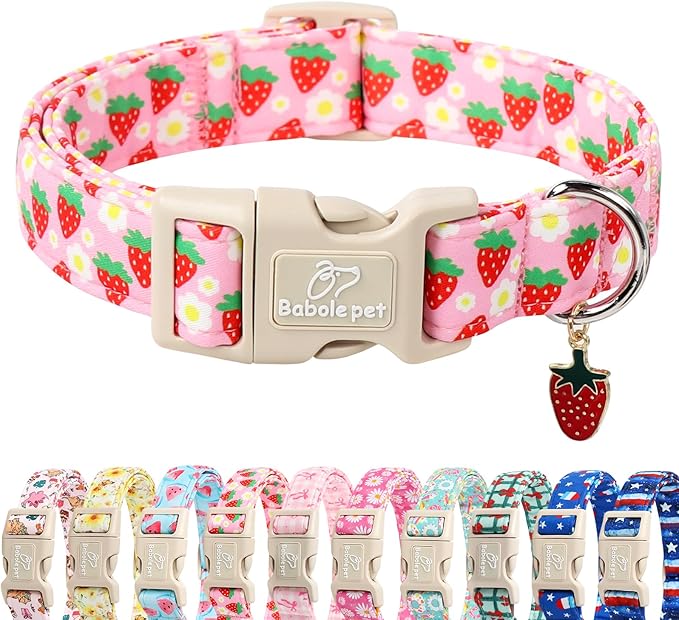 Cute Spring/Summer Dog Collar, Adjustable Pink Strawberry Dog Collars for Large Dogs, Lightweight Quick-Release Buckle Collar for Boy&Girl Dogs L