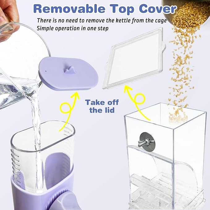 PINVNBY No Mess Bird Feeder & Water Dispenser Set Automatic Parrot Feeder Transparent Food Container Drinker Parakeet Cage Accessories for Cockatiel Budgie Lovebird Finch (Purple)