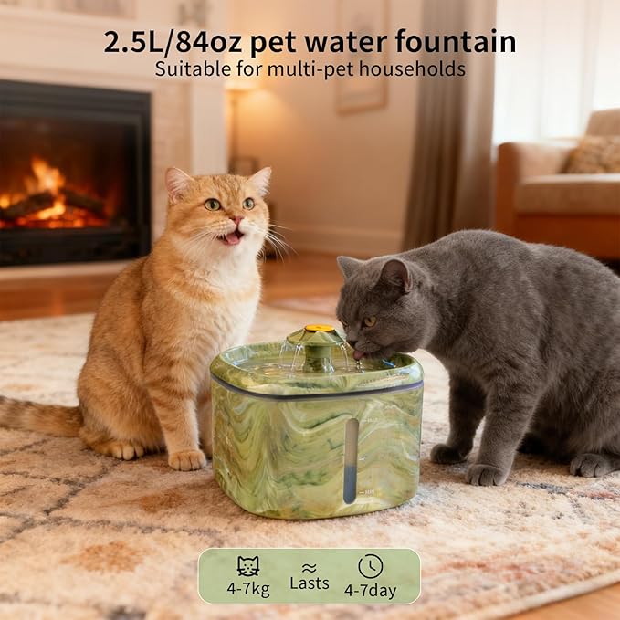 Cat Water Fountain,2.5L/84oz Cat Fountain for Drinking with Rotating Attractor & Camouflage Green Design –Automatic Pet Water Dispenser Bowl with 2-Pack Replaceable Filters