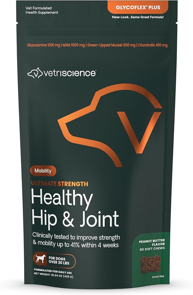 VetriScience GlycoFlex Ultimate Strength Healthy Chews– Dog Hip and Joint Supplement with Glucosamine, MSM for Dogs & Green Lipped Mussel for Dogs, Peanut Butter, 60Count - New Look