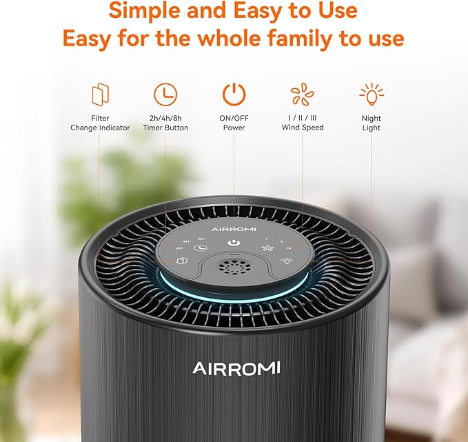 AIRROMI Air Purifier for Bedroom with HEPA 3-in-1 Filter, Pet Air Purifier for Home Cat Pee Smell, Covers Upto 990 Ft², Quiet 360°intake Air Cleaner for pet hair,allergies,Dust,Smoke A2001 Black