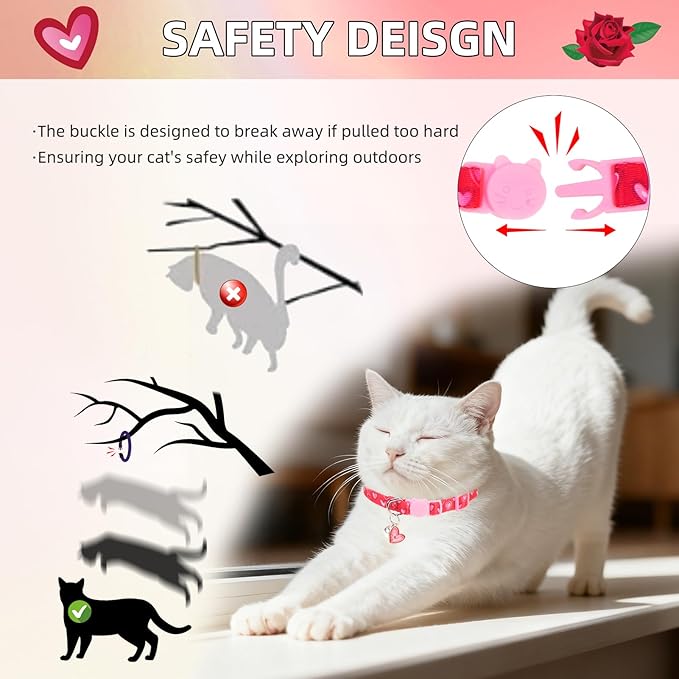 PUPTECK Breakaway Cute Cat Collar with Bell Charm for Kitty, 2 Packs Adjustable Kitten Collars Rose and Love Pattern, Red Pink Heart, 7.8-11.8 in