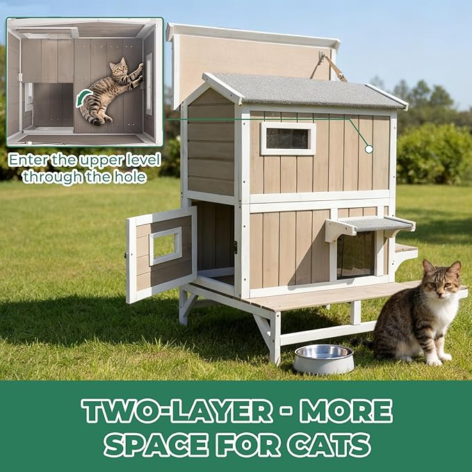 Cat Houses for Outdoor Cats, Wooden Two Story Cat House Weatherproof with 3 Jumping Platforms, 3 Doors, Balcony, Indoor Feral Cat Shelter with Openable Roof for Small Animals, Grey