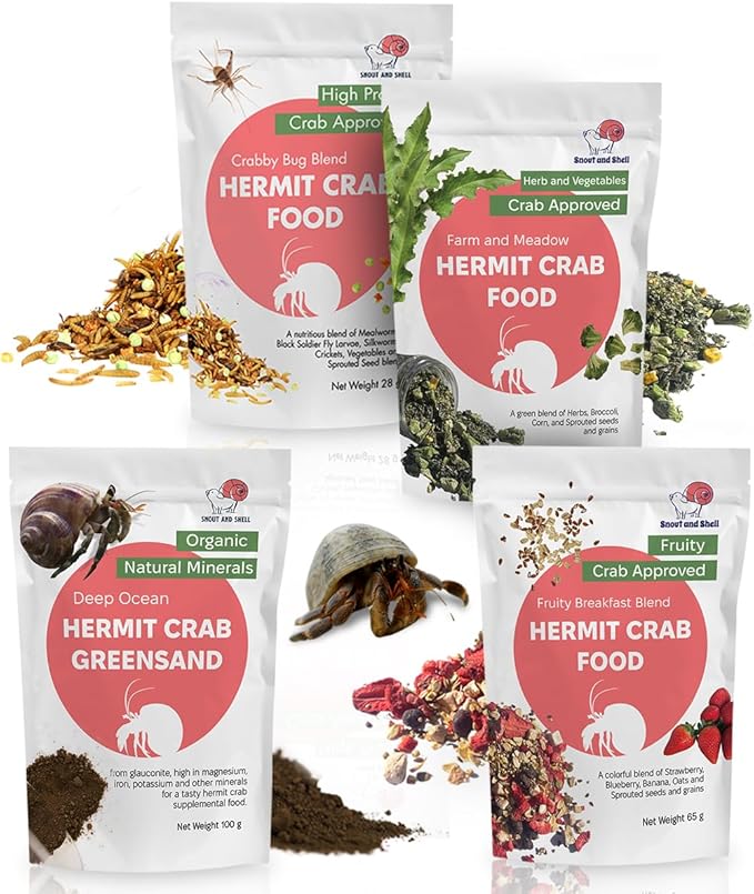 Snout and Shell Hermit Crab Food Bundle (Farm and Meadow, Fruity Breakfast Blend, Crabby Bug Blend, Greensand)