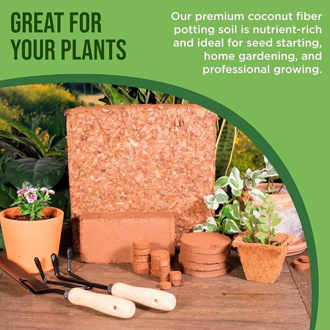 Coco Coir for Plants 2-Pack – 2.6 Cu. Ft. Compressed Coconut Coir Bricks, 10 lb. Organic, Low EC, pH Balanced Coco Peat for Indoor & Outdoor Gardening, Potting Soil, Indoor Plant Soil