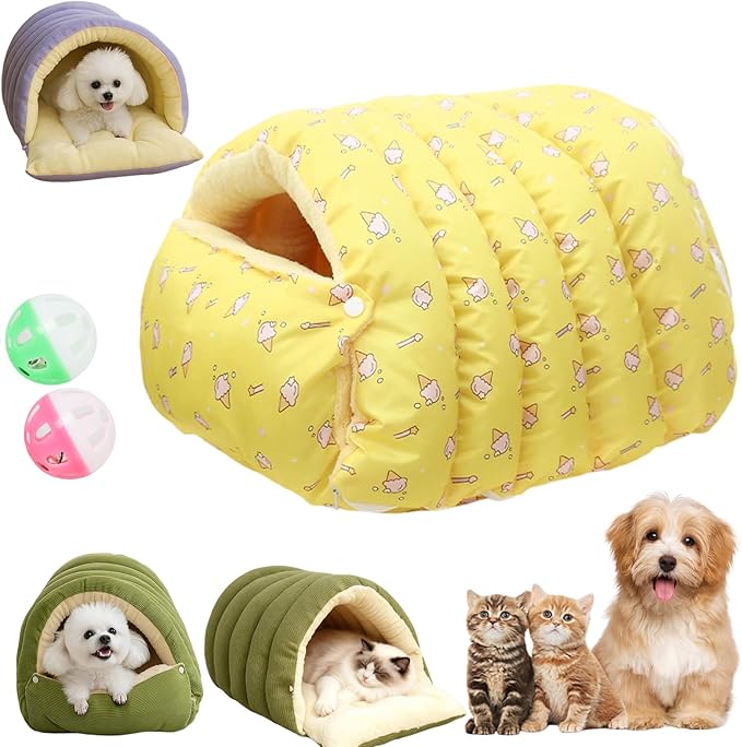 Expectation Cat Bed, Removable and Washable Winter Closed-Off Cat Bed, Soft Fluffy Warm Autumn/Winter Cats House, Washable Non-Slip Pet Sleeping Bag for Indoor Cats Small Dogs (E,Large)