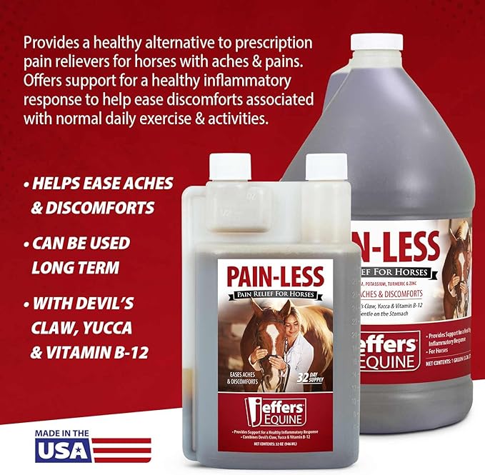 Jeffers Equine Pain-Less Vitamin Formula for Horses – 1 Gal Supplement – Support Healthy Inflammatory Response, Comfort – Devil’s Claw, Yucca, and Vitamin B-12 – Gentle on Stomach – Made in The USA