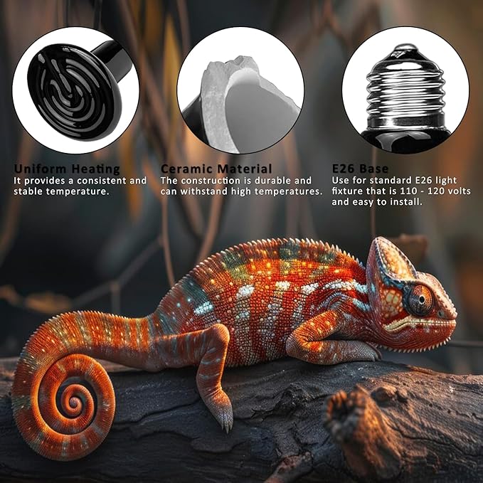 DOMICA Reptile Heat Bulb 50 Watt 2PC, Ceramic Heat Emitter Heat Up Fast, E26 No Light Night Use Heating Bulbs for Beared Dragon, Turtle, Lizard, Snake, Pet Brooder Coop Chicken (50W-Small Tank)