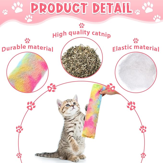 Civaner 6 Pcs Cat Catnip Toys for Indoor Cat 10.6 Inch Kitten Kicker Stick Catnip Toy with Crinkle Sound Inside Interactive Soft Plush Kitten Pillow for Chase Chew Exercise (Candy, Pink, Blue, Yellow)
