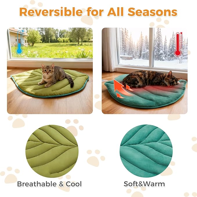 KOOLTAIL Upgrade Self Warming Cat Bed for Winter, Reversible Extra Cozy Pet Sleeping Blanket Pad for All Season, Thicken Self Heating Puppy Mats with Thermal Foil for Crate, Floor, Outdoor, Green Leaf