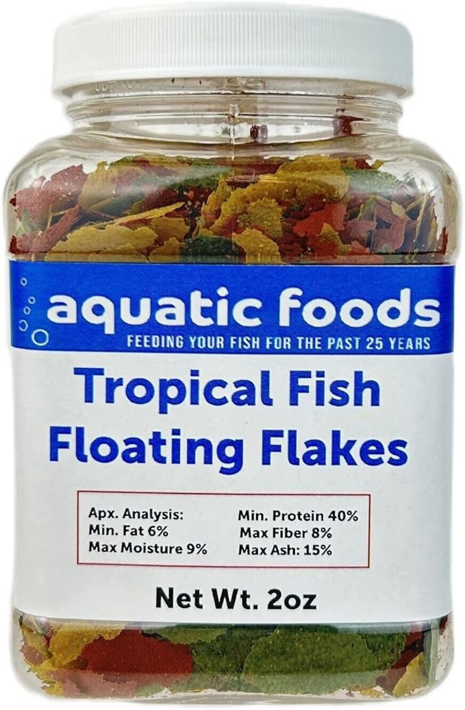 Aquatic Foods Inc. Tropical Fish Flakes, Mix of Krill, Color Enhancing, Spirulina Flakes for Cichlids, Angels, Live Bearers, Tetras, Guppies, All Tropical Fish...WL 2oz Sm Jar