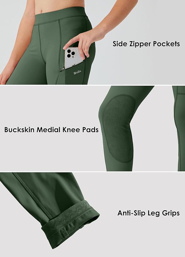 Willit Girls Horse Riding Pants Tights Kids Equestrian Breeches Knee-Patch Youth Schooling Tights Zipper Pockets