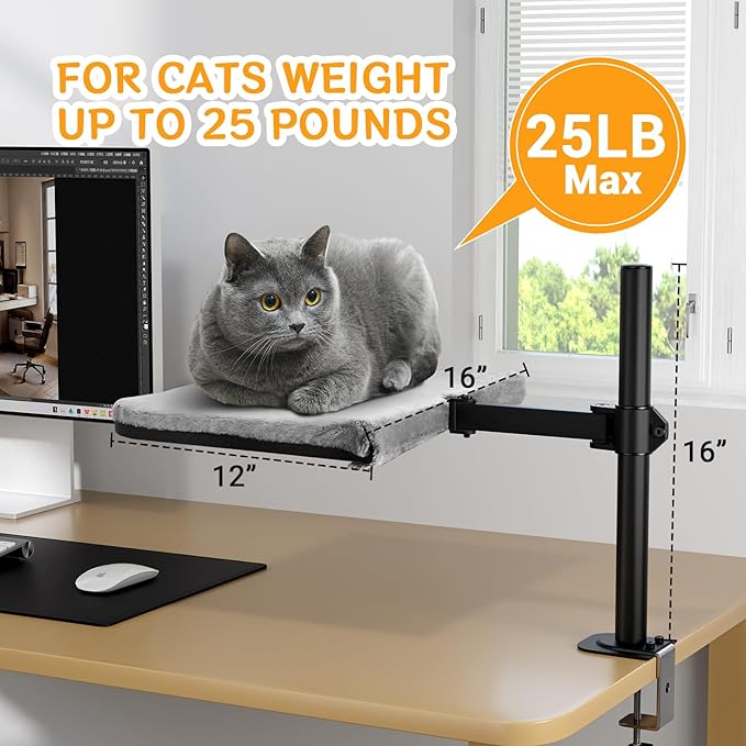 Cat Desk Bed - Steel Frame,180° Rotating & Adjustable Height, Removable Washable Soft Fabric Cat Perch for Office Desks and Game Tables, Supports 25 lbs