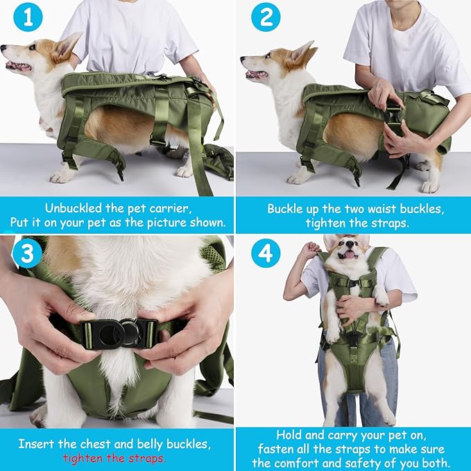 PetBonus Pet Front Dog Carrier Backpacks, Adjustable Pet Backpack, Legs Out Easy-fit Puppy Chest Carrier for Medium Small Dogs, Hands Free for Hiking, Cycling (Army Green, L)