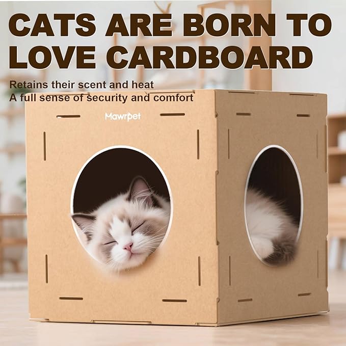 DIY Cardboard Cat House with Scratching Pad, Cat Tower Indoor Play House, Versatile Cardboard Cat Tunnel Box for One or More Pets, Indoor Use Rabbit Hideout Cave Castle Brown, 3 Parts
