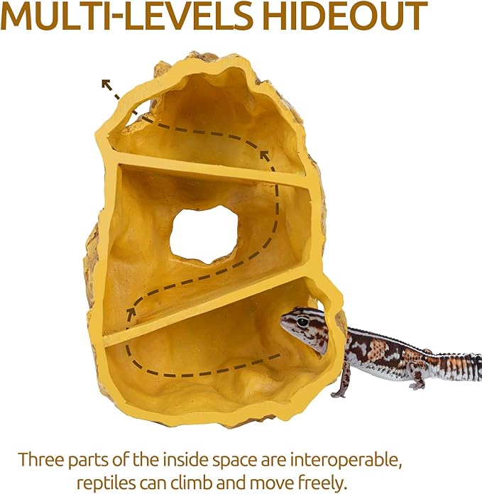 REPTIZOO Reptile Hide Hookable Multi-Levels Hideout Resin Reptile Cave Bearded Dragon Hideout Terrarium Accessories Decor for Reptiles, Amphibians, Snakes, Lizards,Leopard Gecko