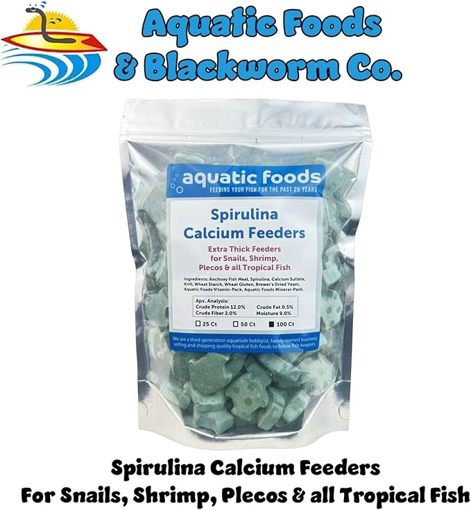 Aquatic Foods Inc. Spirulina Enriched Calcium Feeders for Shrimp, Snails, Crabs, Crayfish, Pleco, Catfish, All Tropical Fish…100 Count Bag